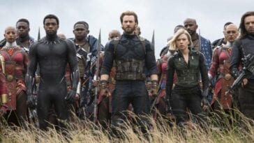 Black Panther, Captain America, Black Widow, Winter Soldier and others stand in a field