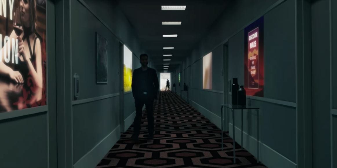 Alex stands in a hotel hallway on Mars which has carpet like the Overlook in The Shining in The Expanse S5E3 "Mother"