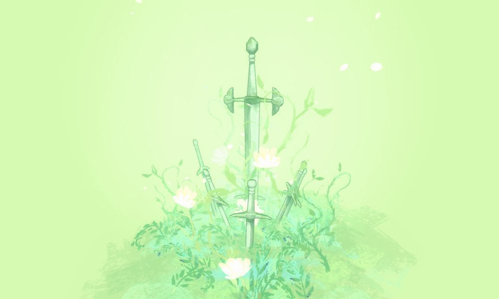 a sword sticks out of the ground, surrounded by plants