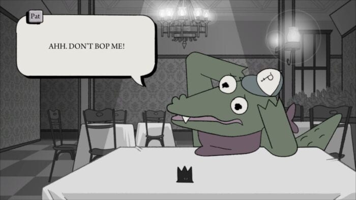 An alligator wearing a hat and neckerchief named Pat sits at a table clutching his head. A dialogue box says "AH! Don't bop me!"