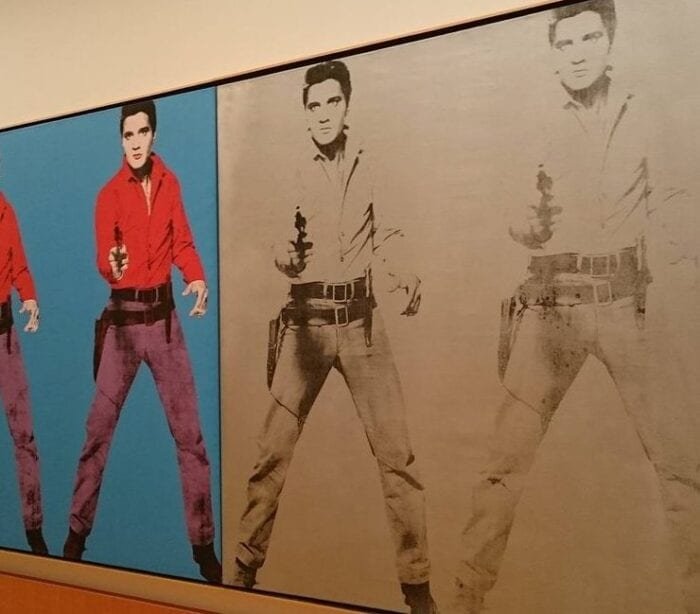 2 images of Elvis as a cowboy in colour, next to the same 2 images in black and white