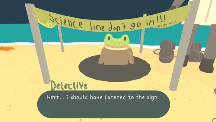 a frog person is stuck in a hole. above him is a banner that says "Science line, don't go in!!!". 