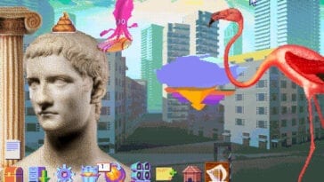 A bust of Julius Caesar, a squid and a flamingo decorate a computer desktop