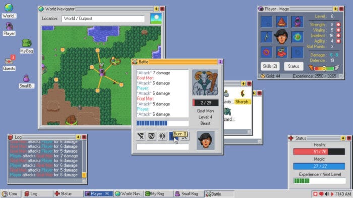 A fake operating system with several programs open, including a map, battle screen and inventory