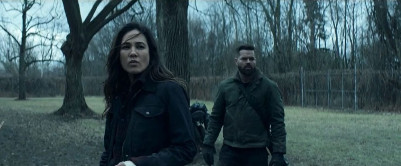 Amos and Clarissa stand near a tree in The Expanse S5E8 "Hard Vacuum"