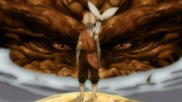 Aang stands in the center of the shot facing away, with Momo on his shoulder, a giant lion-turtle is looking at him, facing the camera