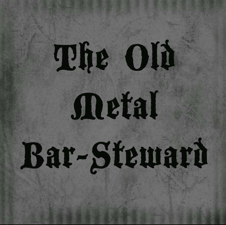 The Old Metal Bar-Steward logo from the podcast, in black old time writing on grey background