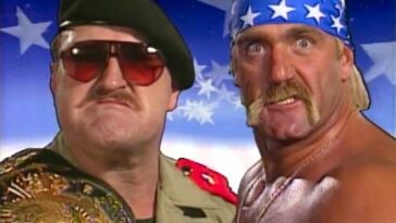 Sgt Slaughter and Hulk Hogan pose in the opening video for WrestleMania 7