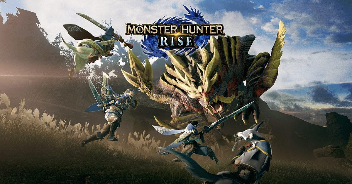 Art for Monster Hunter Rise shows two hunters and their animal companions facing off against a giant creature