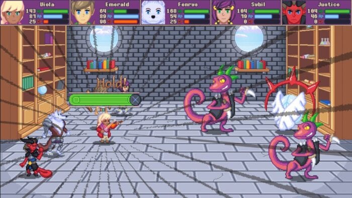 the battle screen in viola. characters hp, mp and cp bars are located on the top. viola and her friends stand on the left with enemies on the right. viola is preparing an attack