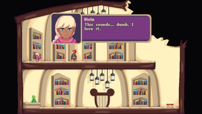 Viola stands in a library looking at a book. her dialogue box reads: This sounds.... dumb. I love it.