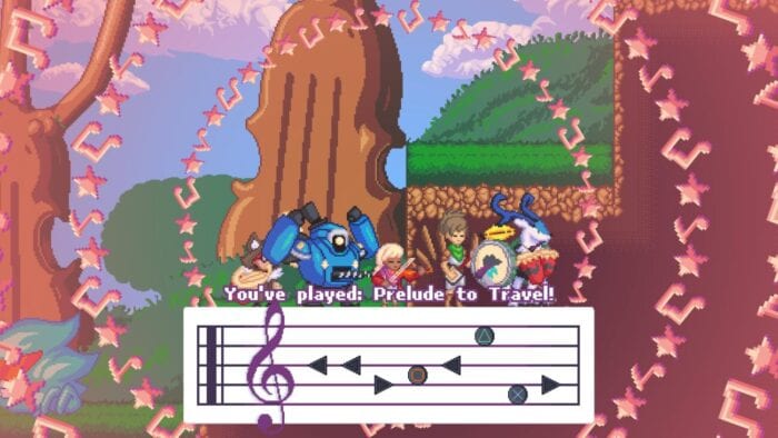 viola and several party members play the "Prelude to Travel" together