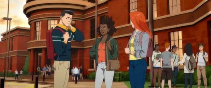 Mark, Amber, and Eve stand outside of their high school. Amber looks visibly annoyed at Mark, who in turn looks ashamed or uncomfortable.