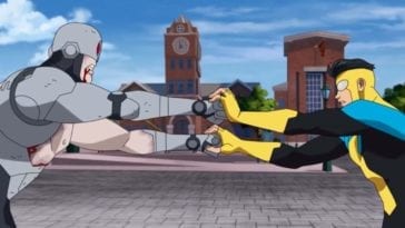 Invincible fights one of the Reanimen on the campus of Upstate University in S1E6