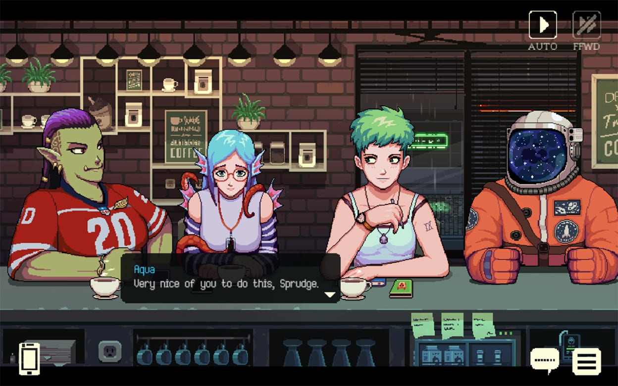 Various characters sit at a table in Coffee Talk