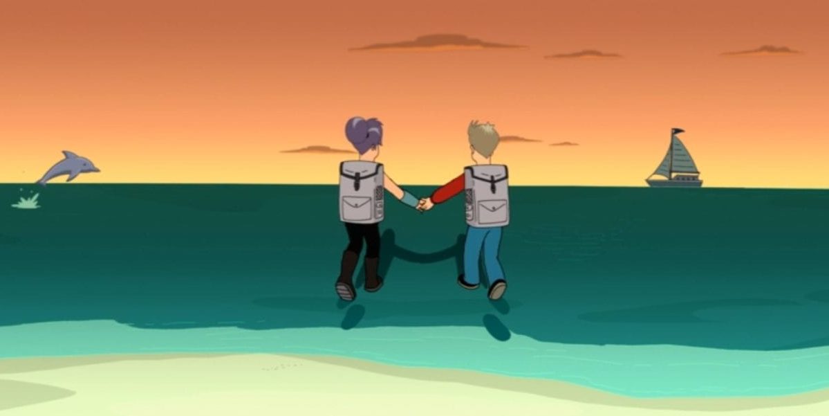 A much older Fry and Leela hold hands and walk over the ocean towards the sunset on the horizon