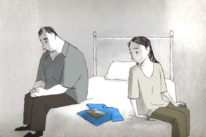 A man and a woman sit on a bed with a t-shirt in between them. The style is along the lines of a pencil drawing