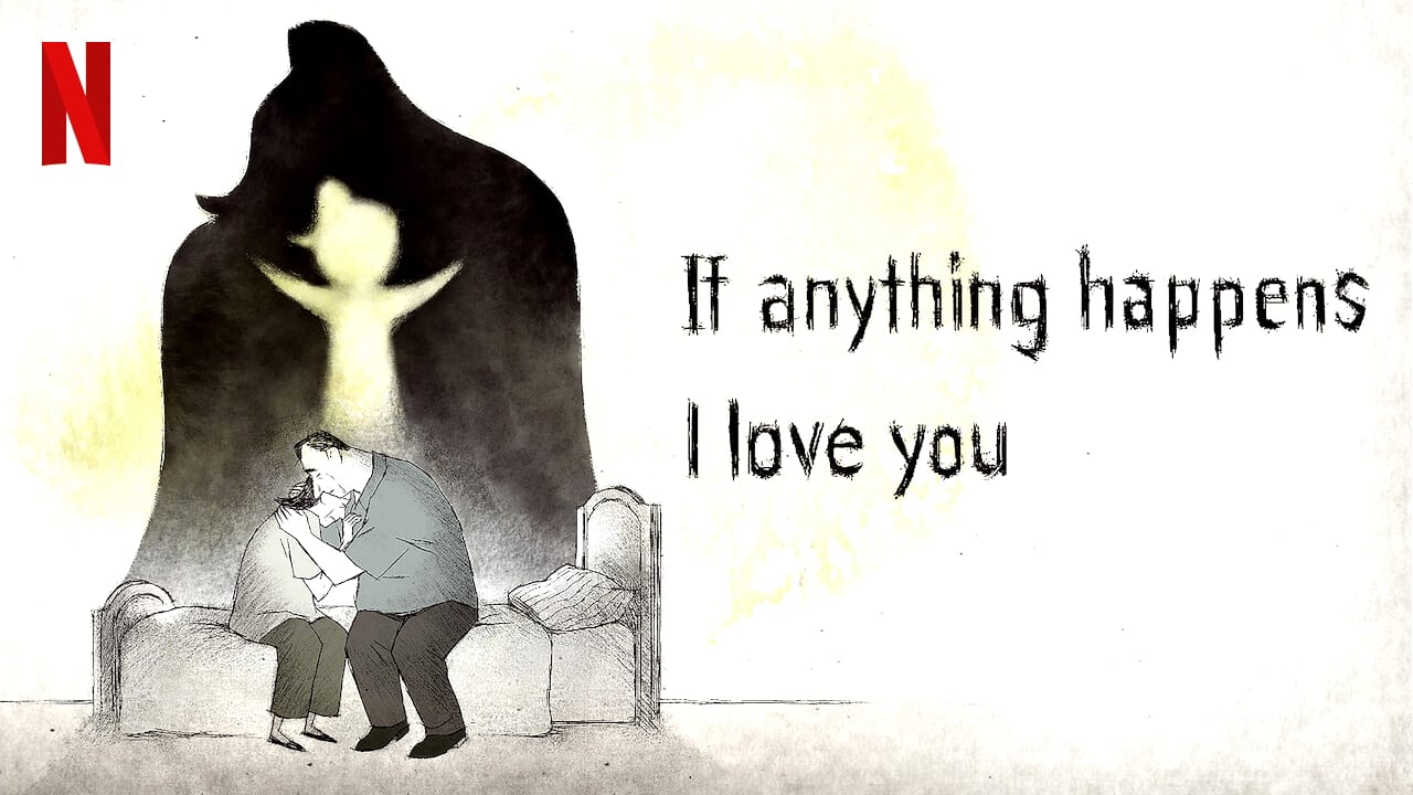 An animated father and mother embrace while the spirit of their daughter floats over them