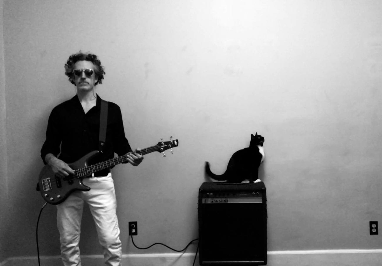 John Paul Carillo of Joy on Fire with cat sitting on an amplifier