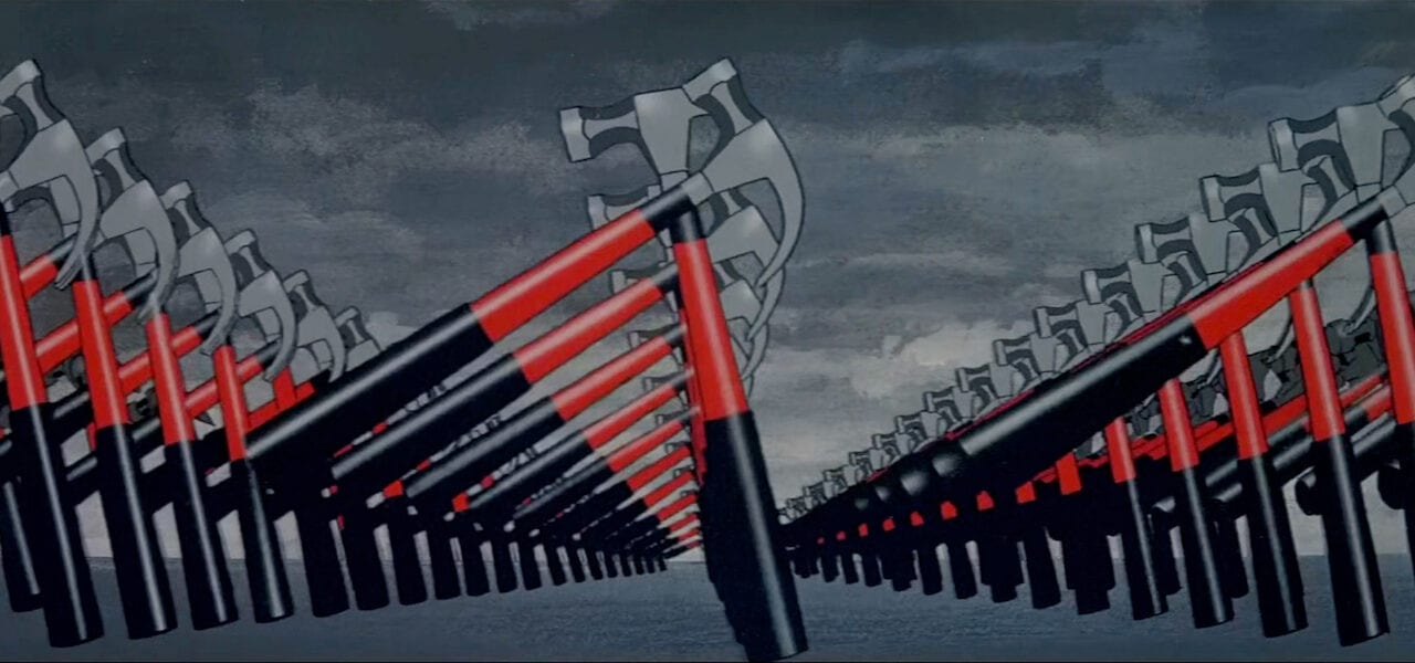 Pink Floyd: The Wall iconically depicts fascism as an endless parade of goose-stepping red and black hammers