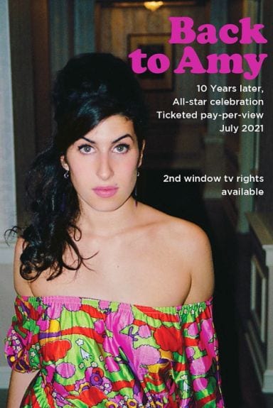 A poster for the Back to Amy event features a woman in a colorful shirt standing in a hallway