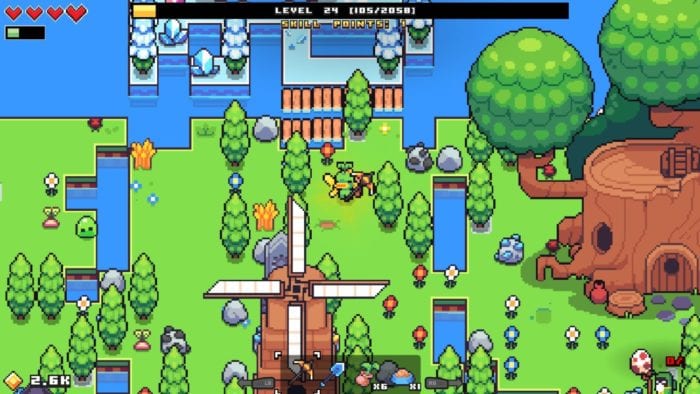 A screenshot of Forager, with the player character surrounded by trees and a windmill to the south