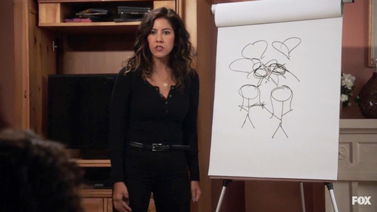 Rosa at games night, stood next to a giant flip pad of paper with two stick figures of women in love on it