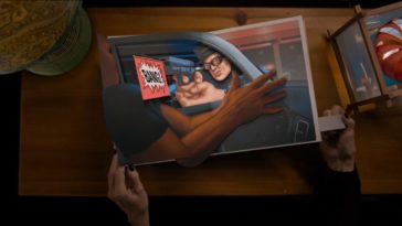 A pop-up book featuring a cop firing during a traffic stop in Evil S2E6 "C is for Cop"