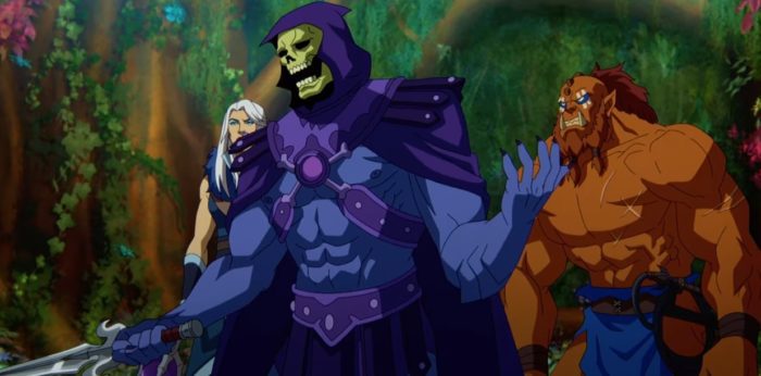 Evil-Lynn, Skeletor, and Beastman look quizzically to the side with a mossy background
