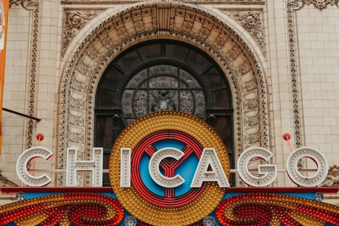 Part of the front marquee of the Chicago Theater.