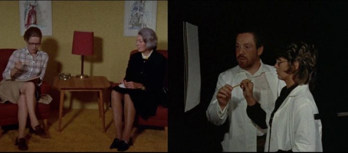 In these two images from Ingmar Bergman's Scenes from a Marriage, Marianne (Liv Ullman) and Johan (Erland Josephson), respectively, are depicted at their work settings, she in a simple office and he in a research laboratory.