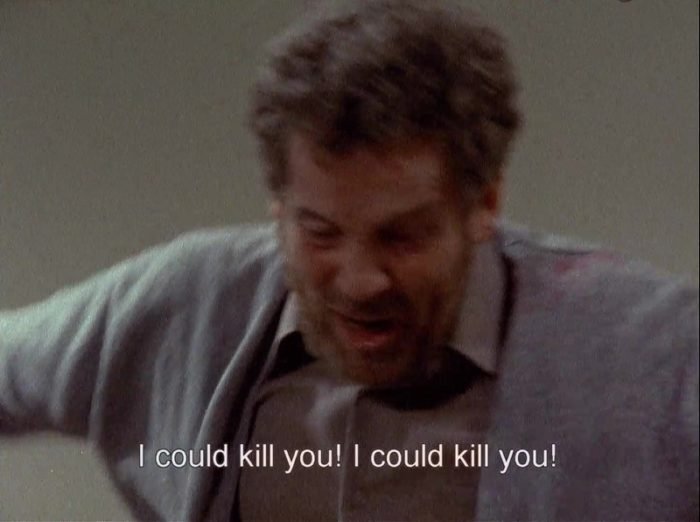In this scene from the 1973 version of Scenes from a Marriage, Johan's (Erland Josephson) is depicted in close-up as the subtitle "I could kill you! I could kill you!" is superimposed.ghtening in Bergan's original.