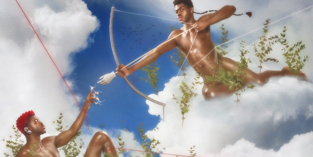 Lil Nas X: Montero (Call Me By Your Name) album cover: a parody of the birth of adam with LNX as Eros spearing himself with an arrow.