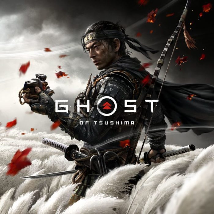 Samurai Jin Sakai holds a sword in his right hand and a small black mask in his left hand on the cover of the Play Station game Ghost of Tsushima.