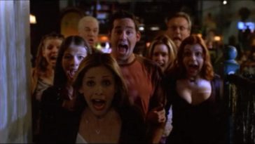 The Scooby Gang yelling in fright at the Magic Box in 'Tabula Rasa': from left to right, Tara, Dawn, Spike, Buffy, Xander, Anya, Giles, and Willow