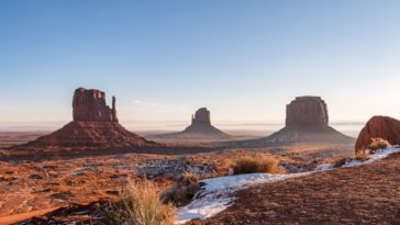 A clear daytime view of Monument Valley occupying Arizona and Utah