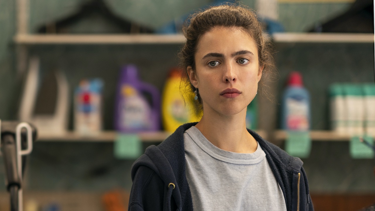 Alex (Margaret Qualley) stares with a slight frown in this image from Netxlix's limited series Maid.