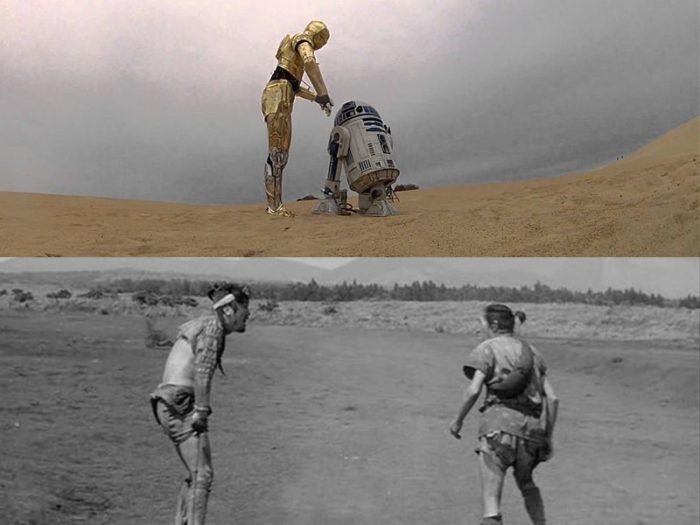 The two droids C-3PO and R2-D2 from 'A New Hope' (top), and Tahei and Matasachi from 'The Hidden Fortress' (bottom). Both pairs are pictured side-by-side wandering an empty desert at the start of their respective films.