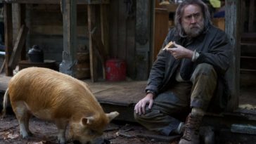 Nicolas Cage as the grizzled Robin Feld along with his truffle pig companion.
