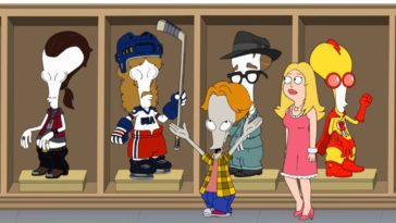 A bulbous-headed grey alien and a blonde woman in a pink dress walk past several manniquins wearing different outfits (Roger Smith and Francine Smith in American Dad!)