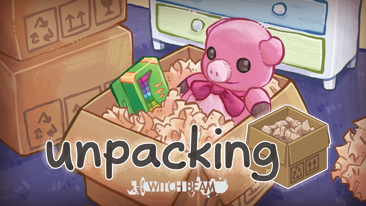 The logo for Unpacking. A box full of packing material holds a box of crayons and a stuffed pig