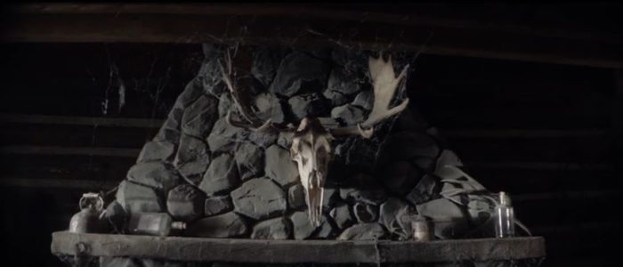 Antlers hang above a stone mantle in the cabin