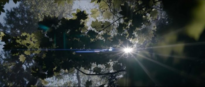 Sun cuts through the trees above in a shot from Yellowjackets S1E3