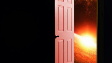 A door opens onto a view of the sun rising over the Earth on the cover of The Lottery Winners Something to Leave the House For
