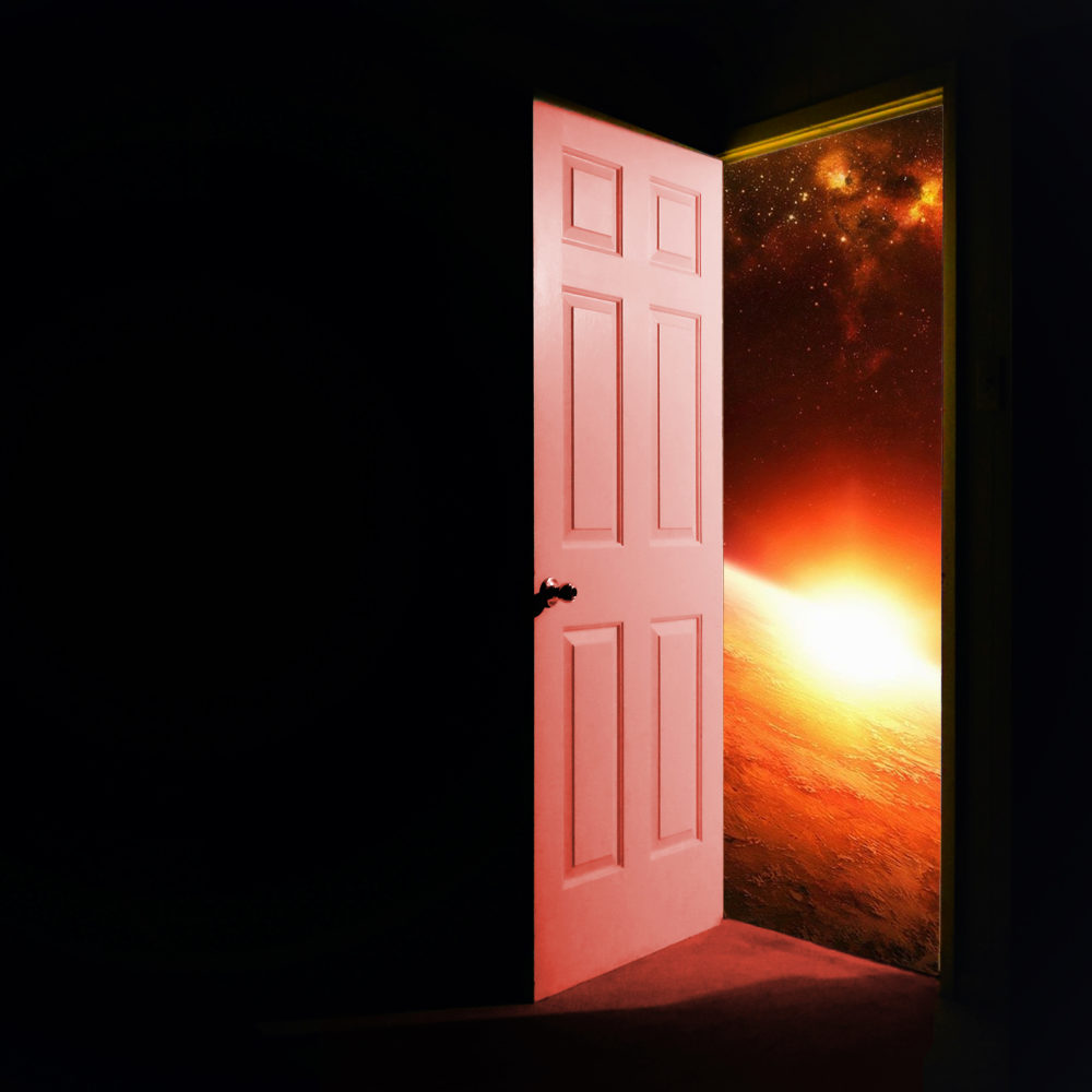 A door opens onto a view of the sun rising over the Earth on the cover of The Lottery Winners Something to Leave the House For