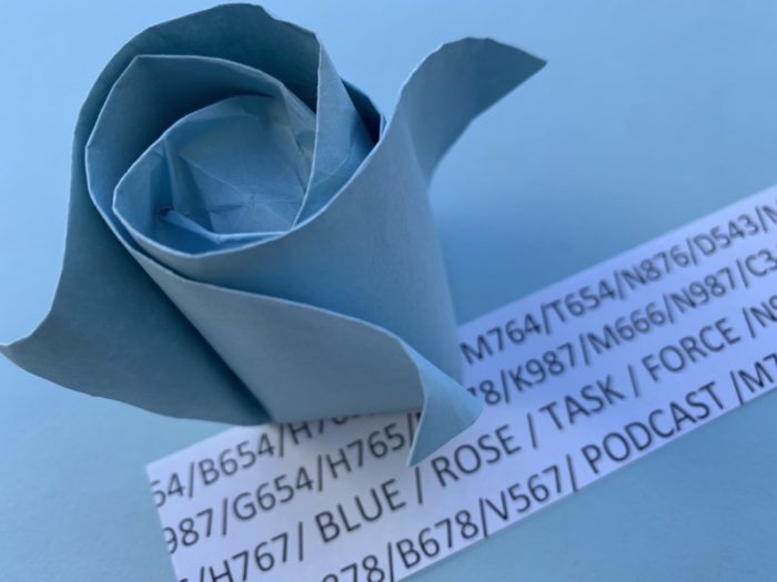 A blue oragami rose on a sheet of random code that contains the words "Blue Rose Task Force"e