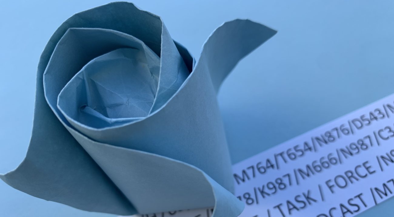 A blue oragami rose on a sheet of random code that contains the words "Blue Rose Task Force"e