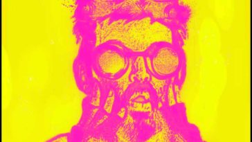 A man drawn on a yellow background, wearing glasses