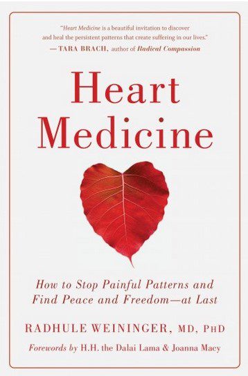 The cover of a book which says Heart Medicine: How to Stop Painful Patterns and Find Peace and Freedom at Last. Radhule Weininger, MD, PHD, Forewards by H.H. the Dalai Lama & Joanna Macy