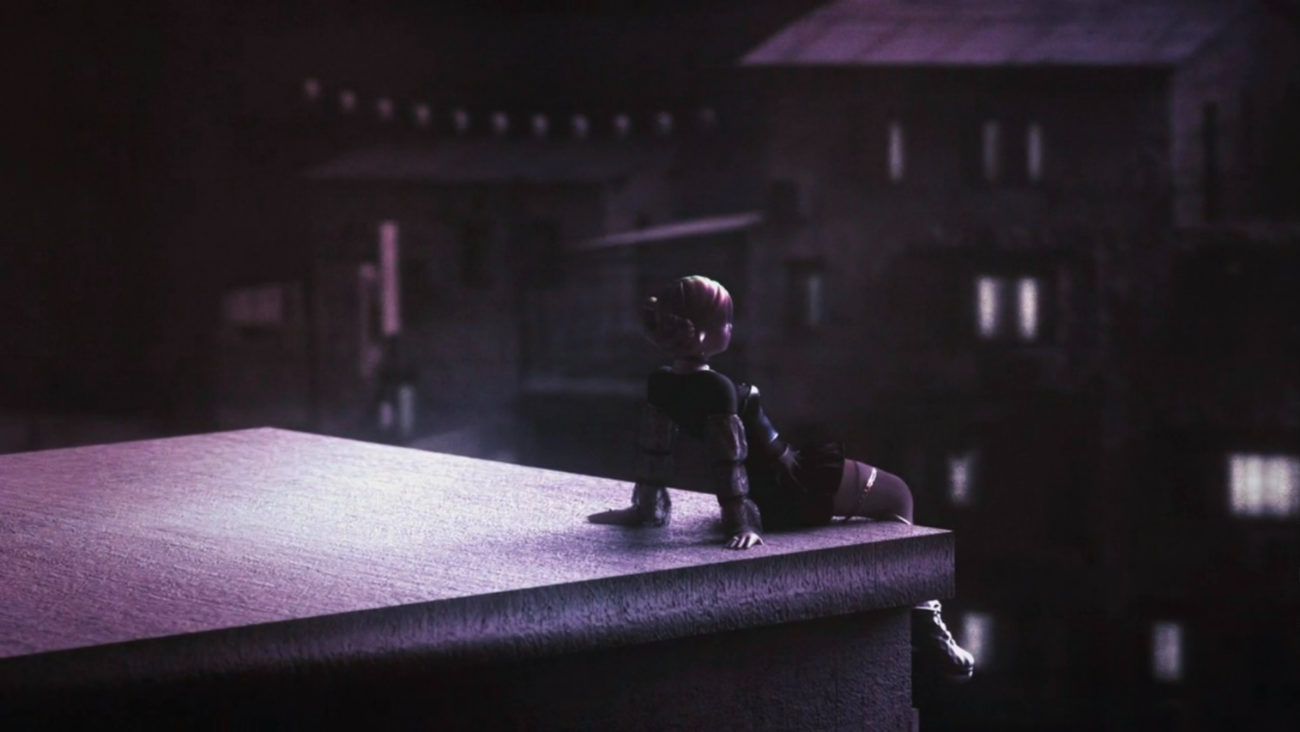 A scene from Alone Together: In virtual reality a young woman sits on a city rooftop ledge